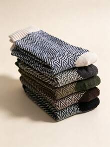 Men's Multi-Color Contrast Striped Ribbed Cuff Cotton Warm Vintage Business Mid-Calf Socks, Autumn/Winter Commute - Multicolor - View 2