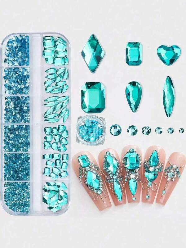 1 Grid Multi-Size Lake Blue Nail Art Rhinestones K9 Round/Square Crystal Nail Art Diamonds Gemstones Round Multi-Shape Flat Back Rhinestones, Suitable For Nail Art DIY Jewelry Craft Accessories, 12 Sizes, Nail Art Supplies, Nail Art Decorations, Nail Art Gemstones