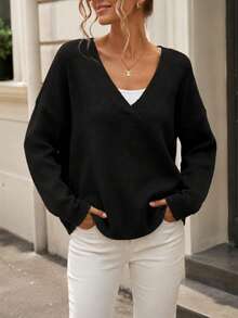 Plus Size Women's Essential V-Neck Long Sleeve Sweater - Must-Have Autumn/Winter Wardrobe Item Black - Black - View 2