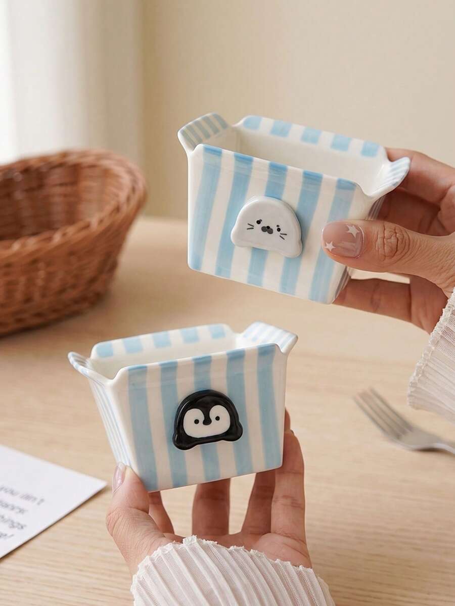 1pc Striped Penguin Ceramic Condiment Dish, Hand-Painted Seal Tomato Sauce Salad Sauce Plate, Suitable For Home Decor Tableware, Spice Seasoning Dish, Restaurant Kitchen Dipping Sauce, Condiment Storage Bowl, Gift, Holiday Decoration