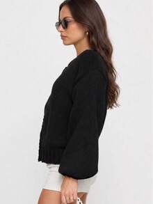 Slouchy Round Neck Single-Breasted Loose Drop Shoulder Knit Cardigan Women Casual Solid Color Long Sleeve Chunky Yarn Sweater Jacket - Black - View 3