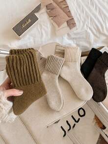 1/3/5/10 Pairs Women's Solid Color Mid-Calf Socks, Double-Layer Thickened Ribbed Cuff, Soft Wool Blend Warm Knit Socks, Vintage Earth Tone Warm Socks, Casual Winter Socks Suitable For Home And Outdoor, Thanksgiving Christmas Gift - Multicolor - View 5