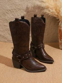 Women's Pointed Toe Western Cowboy Mid-Calf Boots, Silver Studs Decoration, Split Shaft With Pull Tab, Vintage Distressed Chunky High Heel Mid-Calf Boots, Suitable For Commuting, Gatherings, Parties And Other Occasions - Brown - View 4