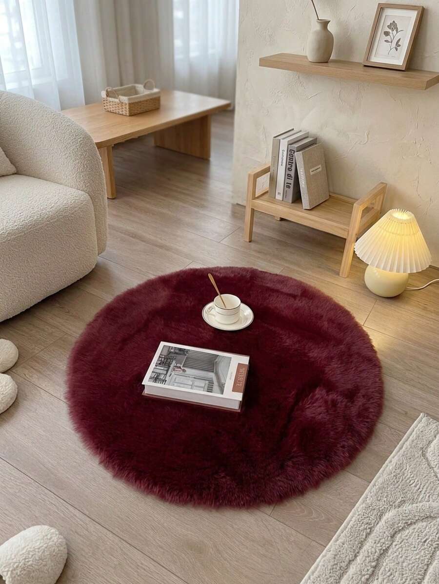 Fluffy Burgundy Round Area Rug, Suitable For Bedroom, Living Room, Study, Office, Plush Bedroom Carpet, Non-Slip, Long Pile Carpet, Faux Fur Carpet, Living Room Rug, Bedside Rug, Decorative Carpet, Bedroom Decor, Autumn Home Decor, Room Decor, Autumn Decor, Autumn Home Decor - Burgundy - View 1