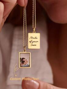 Personalized Photo Necklace, Customized Square Photo Pendant, Engraved Back, Pet Memorial Gift - Multicolor - View 2
