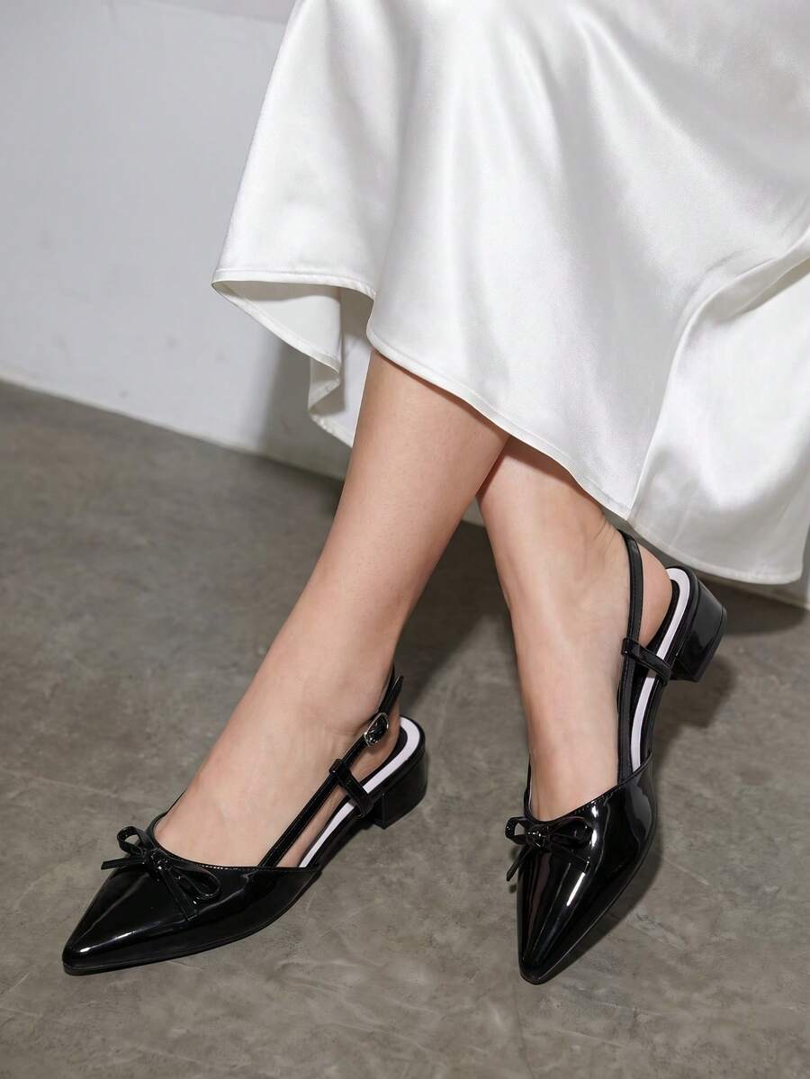 Women's Pointed Toe Bow Slingback Shoes, Black Low Heel Flats, Stylish Versatile Dress Shoes - Black - View 1