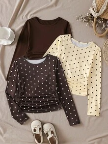 Bộ 3 món phong cách vintage cho bé gái, áo tay dài cổ tròn nhún bên hông màu trơn phối chấm bi, phù hợp mặc đi học hàng ngày, dạo phố cuối tuần, phối layer casual và mặc lót trong - Nhiều màu - Xem 1