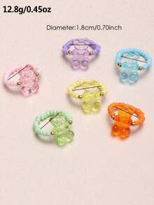 6pcs/Set Girls Colorful Seed Bead Bear Rings Set, Suitable For Daily Decoration - Multicolor - View 5