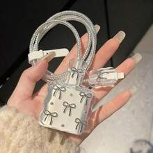 Cute Steel Ball Beaded Bow With Transparent Wave Edge Protection Set, Silver Cable Protector For 18/20W Charger Covers - 20W Silver Small Butterfly - View 6
