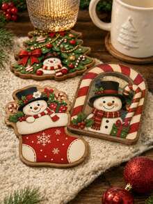 6-Piece Christmas Coaster Set (Snowman & Reindeer)–Irregular Wooden Cartoon Coasters Featuring Christmas Tree, Stocking, Mitten, Candy Cane, And Door Designs; Christmas Gifts,Suitable For Home Kitchens, Dining Areas, Holiday Parties, And Winter Decor - Multicolor - View 8