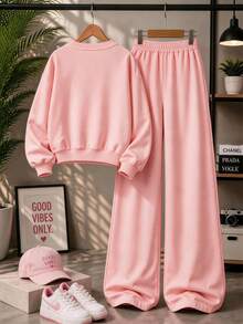 Girls And Teens Pink Crew Neck Sweatshirt With Creative Letter Combination Print Paired With Pink Wide Leg Pants, Fashionable And Versatile, Minimalist Yet Stylish Design Makes It An Ideal Choice For Casual Everyday Wear, Especially Suitable For Autumn And Winter - Pink - View 4
