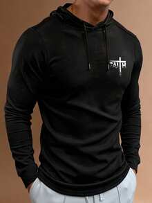 Men's Personalized Print Hooded Sports Top, Quick-Dry Fitness Running Training Long Sleeve Hoodie - Black - View 2