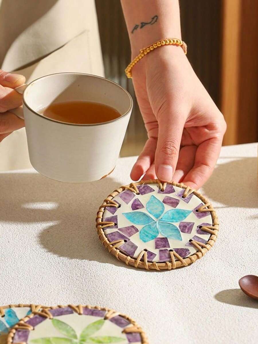 1pc/2pcs Lightweight Luxury Woven Colorful Shell Coasters, Natural Pearl Mother-Of-Pearl Heat Resistant Insulation Pads, Anti-Scald Tea Cup & Teapot Mats, Exquisite Home Tabletop Decor, Suitable For Coffee Tables, Kitchen Dining Tables, Party Table Decorations - Multicolor - View 1
