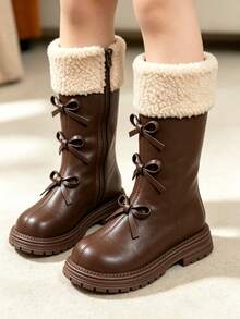 Girls' Brown Plush Fold-Over Bow High-Top Boots | Side Zipper Thick Sole Anti-Slip Thermal Lined Warm Boots For Autumn/Winter - Brown - View 8