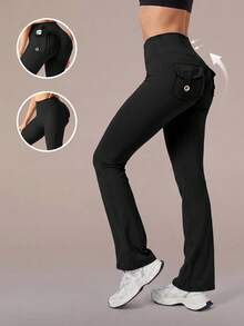 6pecil High Waist Flare Yoga Pants With Pockets, Ruched Butt Flare Bottom Pants, Tummy Control Wrinkle-Free Design Black Flare Pants Sports, Athleisure Fall - Black - View 2