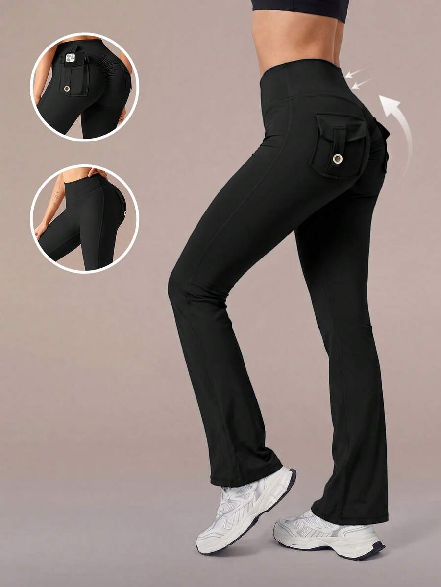 6pecil High Waist Flare Yoga Pants With Pockets, Ruched Butt Flare Bottom Pants, Tummy Control Wrinkle-Free Design Black Flare Pants Sports, Athleisure Fall