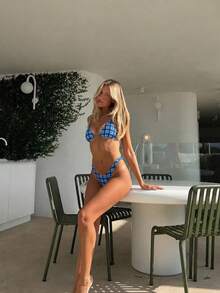 女款時尚優雅春夏海灘度假紅色格紋印花性感掛脖休閒比基尼套裝，聖誕節 - 藍色 - 查看 4