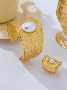 2pcs/Set European & American Fashion Exaggerated Faux Pearl Ring & Open Cuff Bracelet Jewelry Set For Women - Yellow Gold - View 7