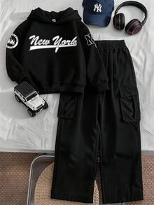 Boys And Teens, Black Hoodie And Black Cargo Pants Two Pieces Set; Creative Letter Print Pullover, Simple Casual Style Long Sleeve Long Pants Set For Boys - Black - View 3