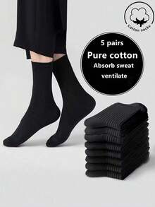 1/5 Pairs Women's Mid-Calf Solid Color Minimalist Breathable Casual Sports Socks, Fun Halloween Gift Socks - Black - View 8