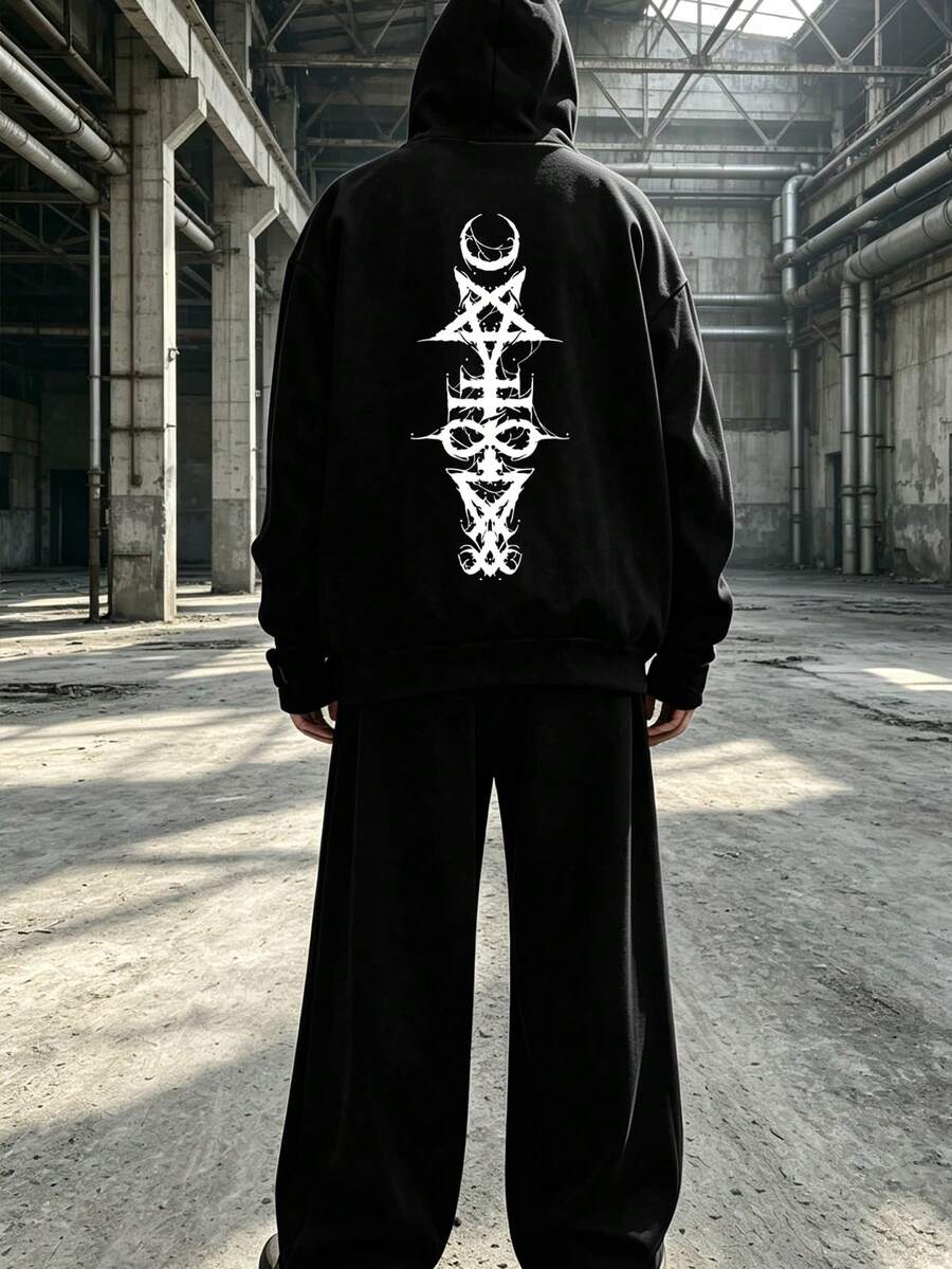 2pcs Men's Hoodie And Ankle Pants Set, Casual Pullover, Mysterious Pattern Print Sweatpants Set, Suitable For Hiking, Outdoor Trekking And Travel - Black - View 1