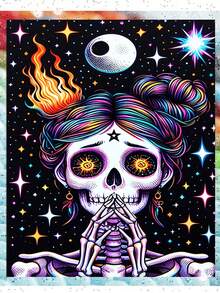 5D Diamond Painting Kit For Adults, Gothic Praying Female Sugar Skull With Moon Starry Sky Full Drill Diamond Art, DIY Rhinestone Painting For Home Wall Decor Gift - round diamond - View 1