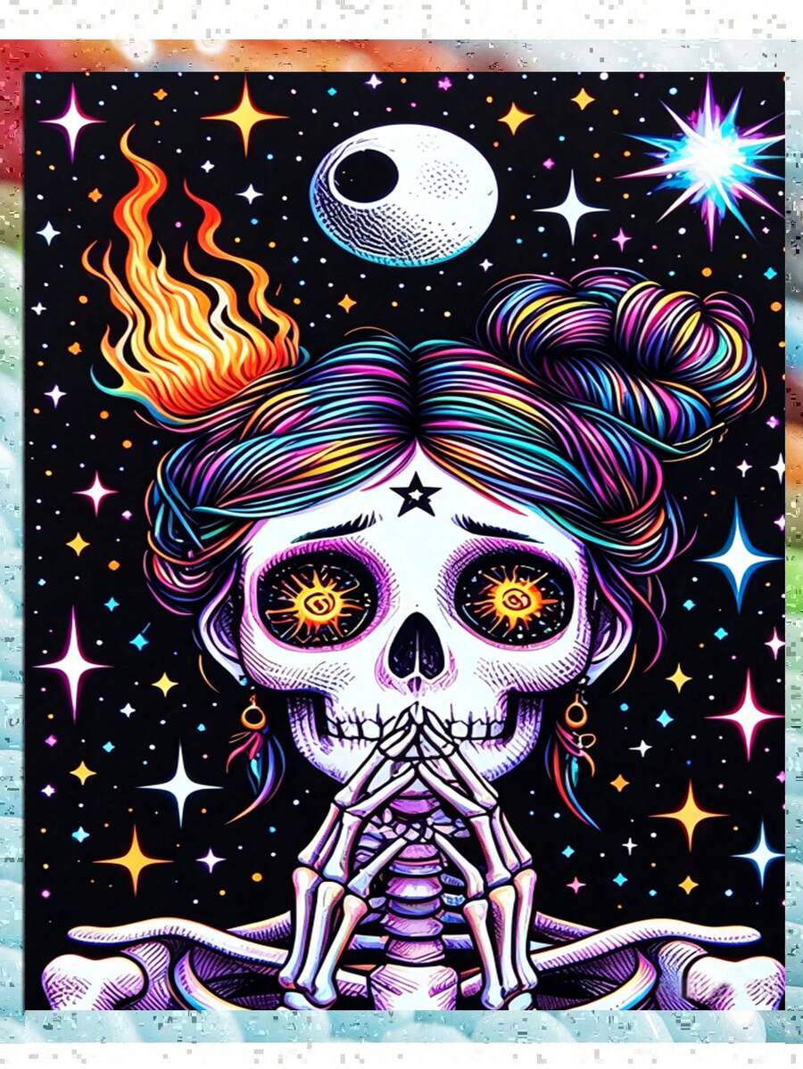 5D Diamond Painting Kit For Adults, Gothic Praying Female Sugar Skull With Moon Starry Sky Full Drill Diamond Art, DIY Rhinestone Painting For Home Wall Decor Gift - round diamond - View 1
