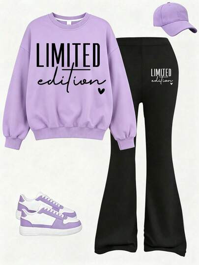 2pcs/Set Girls Minimalist Casual Slogan Print Crew Neck Sweatshirt & Flare Pants Set, Autumn/Winter Fashion Comfortable New Style