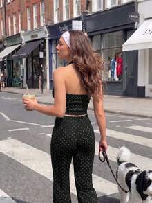 Women's 2 Pieces Set: Polka Dot Halter Top & Flare Pants, Slim Fit Y2K Style Casual Sports Outfit, Suitable For Girls - Black and White - View 10