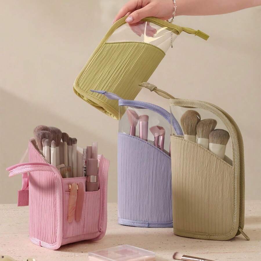 Flexible Standing Makeup Bag, Semi Transparent Travel Wash Bag, Standing Portable Makeup Brush Storage Bag, Large Capacity Storage Makeup Brush, Lipstick Pencil, Cosmetics Suitable For Travel And Vacation, Convenient Storage And Carrying Of Cosmetics