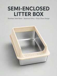 1pc Large Capacity High-Wall Thickened Semi-Enclosed Open-Entry Anti-Splash Anti-Tracking Cat Litter Box, Stainless Steel Inner Basin With Plastic Guard, Minimalist Modern Cream White And Silver Metal Base, Rectangular Rounded Corner High-Side Structure, Front Sand-Catching Pedal, Fine Sifting Holes, Stable Base, Smooth Inner Walls, Wear-Resistant Durable Rust-Proof Easy-Clean Detachable Washable, Reduces Litter Scatter And Tracking, Easy Access Large Space Cat Toilet - Multicolor - View 8