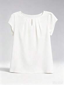 1pc Elegant Short Sleeve Solid Color Woven Fabric Pleated Decor Women's Top, Suitable For Vacation, College, Home, Dating, Spring And Summer Wear - White - View 6