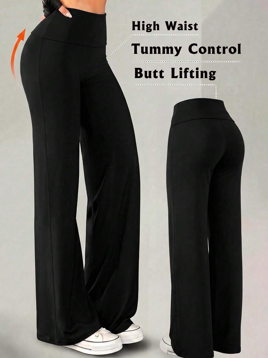 Women's Casual Wide Leg Yoga Pants, High Waist, Peach Butt Lift, Tummy Control, Leg Lengthening, Versatile Solid Color, Suitable For Yoga, Running, Workout, Daily Casual, Commuting, Fashionable Outfit - Black - View 1
