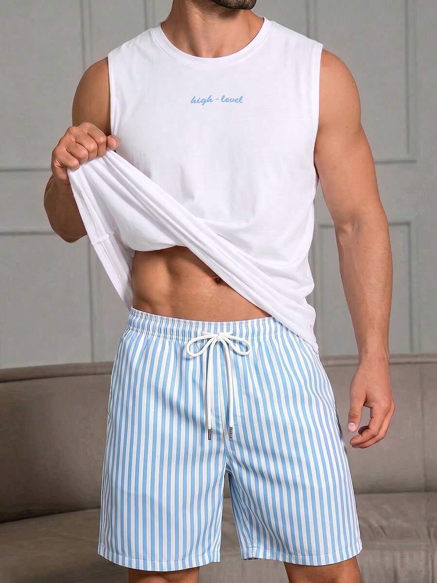 男士夏季圓領休閒背心與休閒短褲居家服套裝 - 白色 - 查看 1