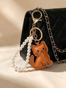 1 buah Gantungan Kunci Kulit PU Motif Kucing Tersenyum Kartun untuk Wanita dengan Rantai Mutiara Imitasi, Gantungan Kunci Tas, Ransel, Mobil, Jahitan Tangan, Hadiah Kecil Kreatif untuk Pecinta Kucing - MultiWarna - View 4