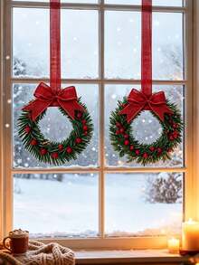 2pcs/1pc Christmas Wreath With Ribbon, 26cm/10.24in, Suitable For Kitchen Cabinets, Windows, Walls, Front Door Decoration, Small Christmas Wreath - Compact Indoor Use Christmas Wreath, Fireplace, Windows, Farmhouse Indoor Home Decor - Multicolor - View 5