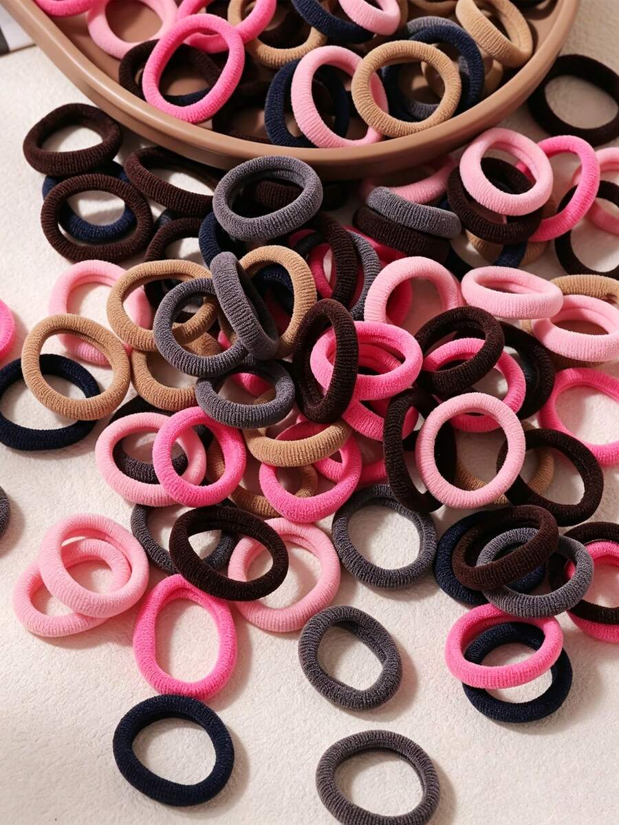 100pcs Girls Random Color Vintage Small Thumb Seamless High Elastic Hair Ties - Multicolor - View 1