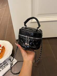 黑色絎縫鏈條小方包迷你手提化妝包百搭斜挎包愛心吊飾通勤手提包 - 黑色 - 查看 7
