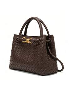 Handmade Woven Texture Handbag With Metal Rope Knot Buckle Decoration, Dual-Use Tote And Crossbody Bag For Makeup, Phone And Personal Items, Rope Buckle Closure, Light Luxury Vintage Style, Small Tote Bag For Women, Suitable For Dating, Commuting, Party And Travel - Coffee - View 4