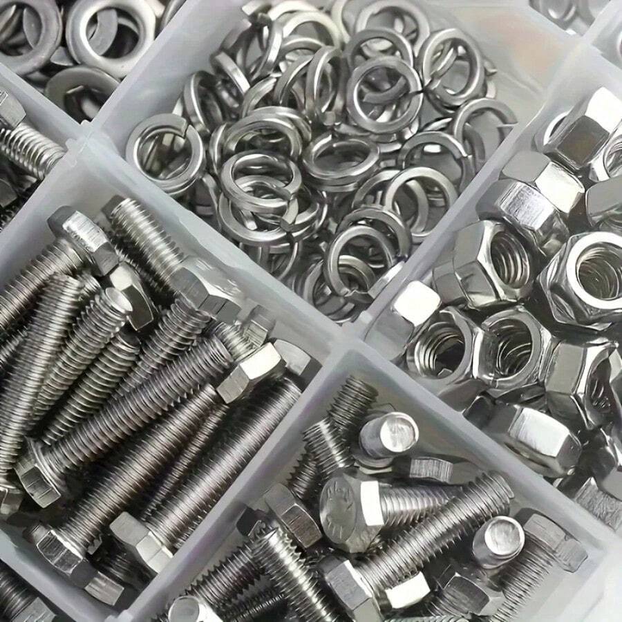 240pcs Premium Steel Hex Bolt & Nut Set - Durable, Corrosion-Resistant With M4 & M5 Sizes, Full Thread & Washers, Fit For Mechanical Applications - Silvery - View 1