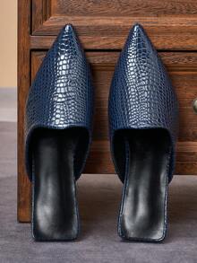 Women's French Vintage Navy Blue Pointed Toe Slingback Mule Shoes, Elegant Chunky Low Heel Sandals, Suitable For Daily Wear, Dating And Office Commute - Navy Blue - View 5