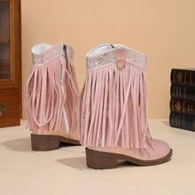 Girls' Boots, Fashionable Comfortable Versatile Tassel High Heel Western Boots, Colorblock Pointed Toe Side Zipper Mid-Calf Casual Boots - Pink - View 5