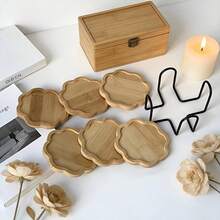 6 Coasters + 1 Holder, Bamboo Coaster Set, Minimalist Creative Design, Suitable For Coffee And Tea Cups, Rounded Edges, Natural Wood Color, Can Be Used As Kitchen And Dining Table Decor, Exquisite Desktop Decoration. - Multicolor - View 2