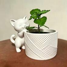 Healing Cute Cat Shaped Planter, Minimalist Diagonal Textured Desktop Small Flower Pot, Succulent Air Plant Creative Home Decor Planting Pot, Dual-Use Ornament And Gardening - Cute Cat-shaped Planter - View 2
