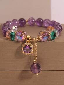 1pc Natural Amethyst Beaded Bracelet, Niche Design Colorful Crystal Pendant Bracelet, Vintage Style Women's Hand Accessory - Multicolor - View 7