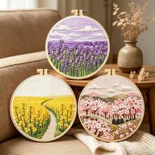3款美學3D田園花卉刺繡全套材料包，薰衣草/油菜花/櫻花/風景圖案，附圓形刺繡框組，適合初學者紓壓手工製作，臥室牆面裝飾創意節日禮物 - 多色 - 查看 13