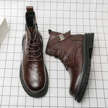 Men's Round Toe Brown Textured Boots With Front Lace-Up, Side Zipper, Thick Sole, Heel Decor And Pull Tab, Structured Silhouette, Formal Wedding Banquet Dress Boots - Brown - View 10