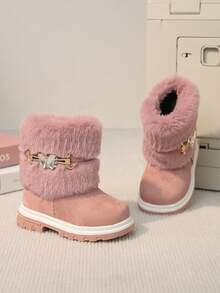 1 Pair Girls' Baby Bow & Rhinestone Decor Lightweight Comfortable Warm Flat Side Zipper Design Snow Boots Ankle Boots Suitable For Daily Outdoor Wear In Autumn/Winter - Pink - View 5