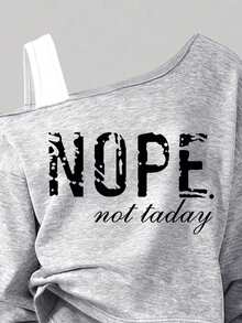 Youth Girl Letter Print Round Neck Asymmetric Shoulder Long Sleeve Top And Pants - Grey - View 3