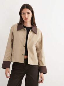 Corduroy Trim Detail Jacket, Classic Earth Tone Overshirt For Chic Street Style - Apricot - View 11
